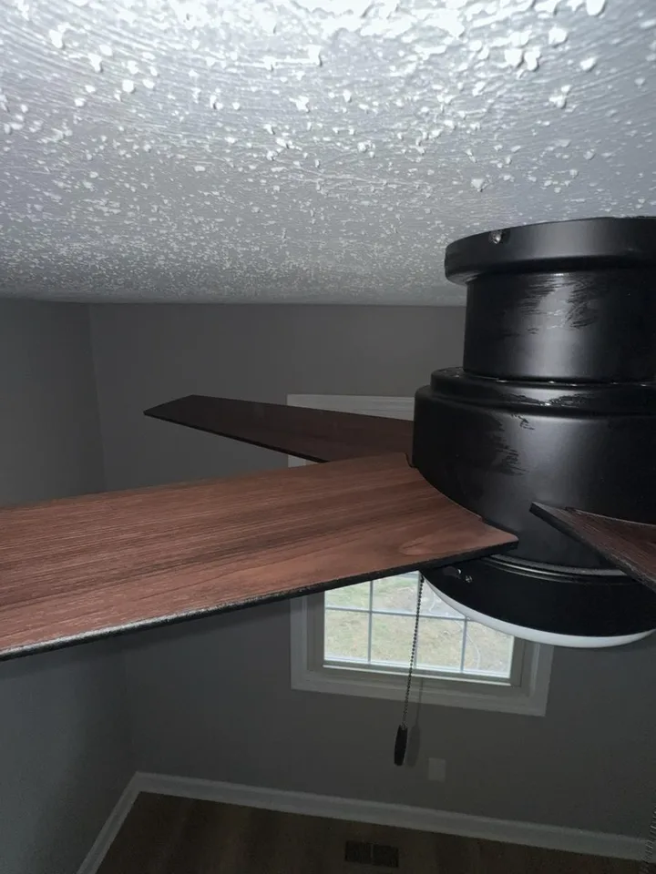 After — Ceiling fans · top to bottom: Reinstalled clean, Blade-by-blade, Detail finish. We disassemble, clean each blade and the motor housing, then reinstall — no shortcuts.