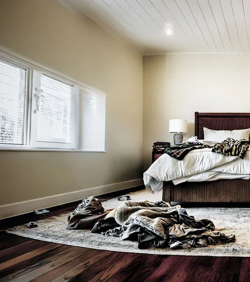 Before — Deep Clean: Master bedroom, Linens scattered, Floor clutter.