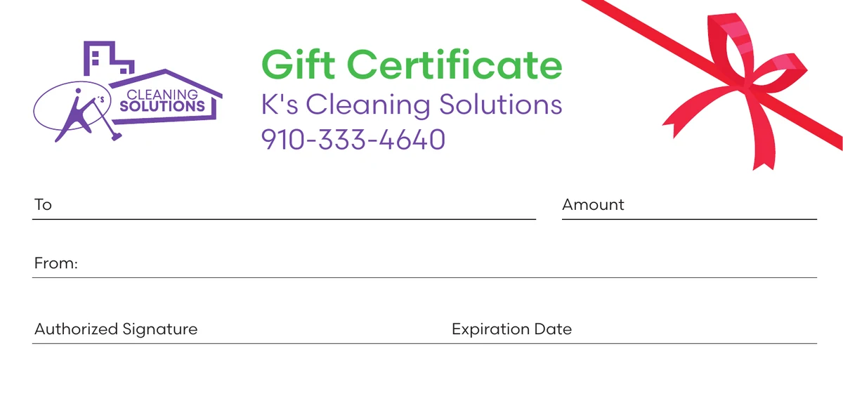 K's Cleaning Solutions gift certificate — festive design with red ribbon